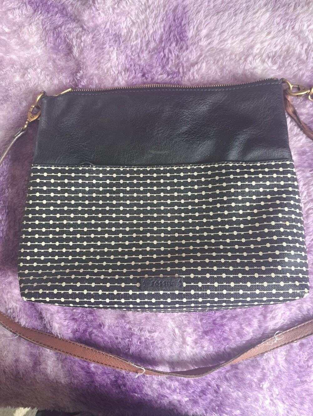 Fossil Black and Cream Patterned Crossbody Bag